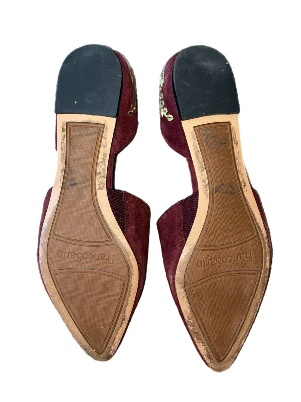 Franco Sarto Burgundy Suede D’Orsay Flats with Floral Embroidery on Heels